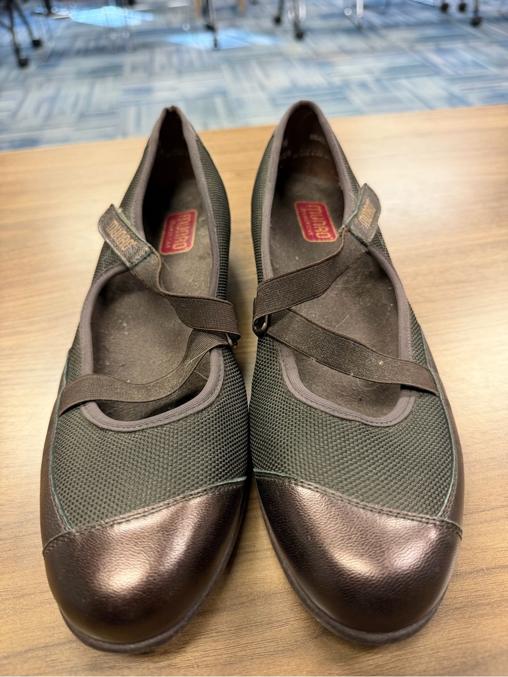 Munro Brown Metallic-Toe Mary Jane Flats with Cross Straps
